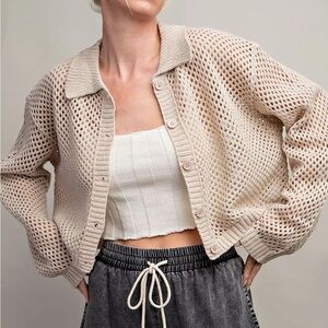 beige crochet mesh knit cardigan